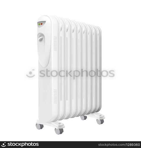 Electric Oil Heater Radiator Equipment Vector. Electrical Oil-filled Radiator With Heat Control And Wheels, Device For Heating Apartment Room. Concept Template Realistic 3d Illustration. Electric Oil Heater Radiator Equipment Vector