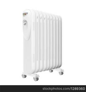 Electric Oil Heater Radiator Equipment Vector. Electrical Oil-filled Radiator With Heat Control And Wheels, Device For Heating Apartment Room. Concept Template Realistic 3d Illustration. Electric Oil Heater Radiator Equipment Vector
