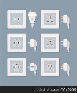 Electric plug. Electricity collection american and european plugged wall socket vector flat pictures. Plug electric, electricity power energy, collection socket illustration. Electric plug. Electricity collection american and european plugged wall socket vector flat pictures