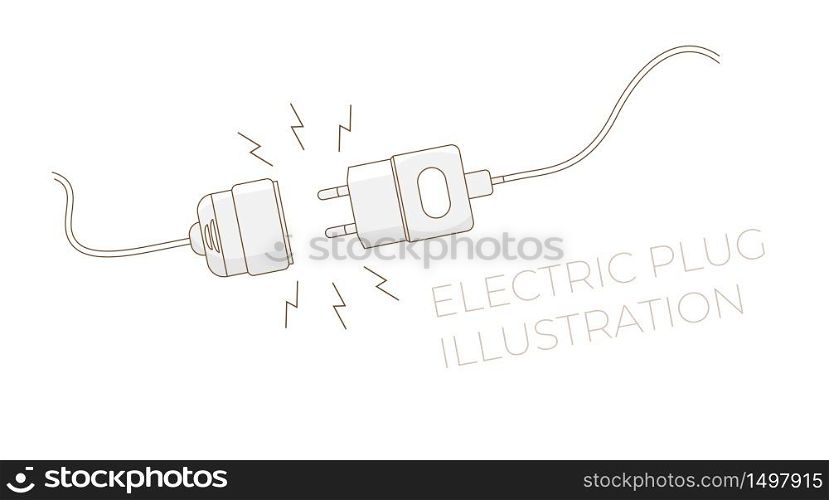 Electric plug. Vector flat outline illustration. Concept background plug and socket unplugged with lightning. Template for website technical page or web banner