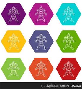 Electric pole icons 9 set coloful isolated on white for web. Electric pole icons set 9 vector
