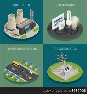 Electric Power 4 Isometric Icons. Electric power production generating transmission transformation substation and consumption concept 4 isometric icons square isolated vector illustration