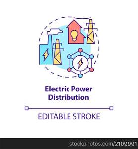 Electric power distribution concept icon. Smart grid system productivity abstract idea thin line illustration. Isolated outline drawing. Editable stroke. Roboto-Medium, Myriad Pro-Bold fonts used. Electric power distribution concept icon