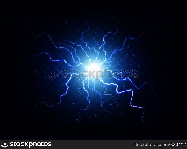 Electric power explosion with electrical flash, sparks and blue lightnings. Sphere lightning energy discharge isolated on dark transparent background. Vector illustration. Electric power explosion with electrical flash, sparks and blue lightnings. Sphere lightning energy discharge isolated vector