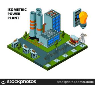 Electric power factory. Industrial electricity plant or station energy buildings vector 3d isometric pictures. Illustration of power energy electricity plant. Electric power factory. Industrial electricity plant or station energy buildings vector 3d isometric pictures