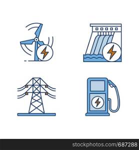 Electric power industry color icons set. High voltage electric line, wind and water energy, electric vehicle charging station. Isolated vector illustrations. Electric power industry color icons set