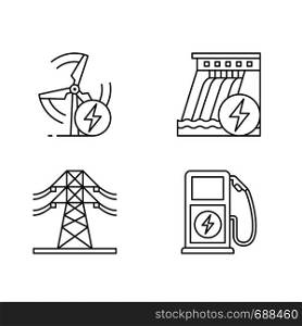 Electric power industry linear icons set. High voltage electric line, wind and water energy, electric vehicle charging station. Isolated vector outline illustrations. Editable stroke. Electric power industry linear icons set