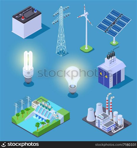 Electric power isometric icons. Energy generator, solar panels and thermal power plant, hydropower station. Electrical vector symbols. Illustration isometric solar panel, power generator and turbine. Electric power isometric icons. Energy generator, solar panels and thermal power plant, hydropower station. Electrical vector symbols