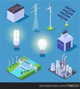 Electric power isometric icons. Energy generator, solar panels and thermal power plant, hydropower station. Electrical vector symbols. Illustration isometric solar panel, power generator and turbine. Electric power isometric icons. Energy generator, solar panels and thermal power plant, hydropower station. Electrical vector symbols