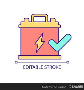 Electric power load balancing RGB color icon. Accumulator with green check mark. Smart grid system. Isolated vector illustration. Simple filled line drawing. Editable stroke. Arial font used. Electric power load balancing RGB color icon