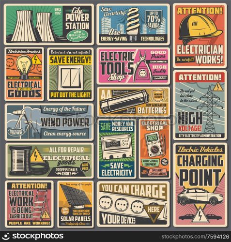 Electric power or energy vector electrical equipment retro banners. Solar panel, wind turbines and power station, battery, light bulb, plug and socket, multimeter, electricity meter, electric car. Solar panels, light bulbs and electric equipment