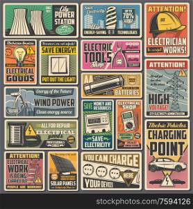 Electric power or energy vector electrical equipment retro banners. Solar panel, wind turbines and power station, battery, light bulb, plug and socket, multimeter, electricity meter, electric car. Solar panels, light bulbs and electric equipment