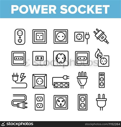 Electric Power Socket Collection Icons Set Vector Thin Line. Electrical Socket, Rosette And Cord Cable, Lightning And Flame Concept Linear Pictograms. Monochrome Contour Illustrations. Electric Power Socket Collection Icons Set Vector