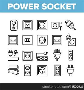 Electric Power Socket Collection Icons Set Vector Thin Line. Electrical Socket, Rosette And Cord Cable, Lightning And Flame Concept Linear Pictograms. Monochrome Contour Illustrations. Electric Power Socket Collection Icons Set Vector