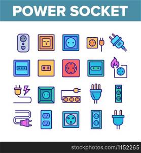 Electric Power Socket Collection Icons Set Vector Thin Line. Electrical Socket, Rosette And Cord Cable, Lightning And Flame Concept Linear Pictograms. Color Contour Illustrations. Electric Power Socket Collection Icons Set Vector