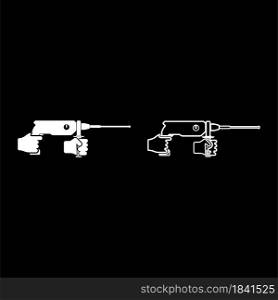 Electric rotary hammer drill in hand holding tool use Arm using Power tool icon white color vector illustration flat style simple image set. Electric rotary hammer drill in hand holding tool use Arm using Power tool icon white color vector illustration flat style image set