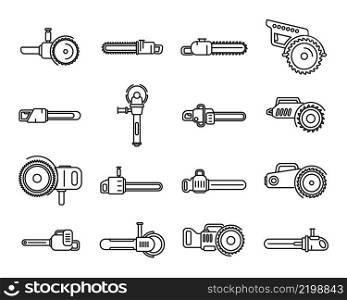 Electric saw icons set outline vector. Chainsaw equipment. Builder device. Electric saw icons set outline vector. Chainsaw equipment