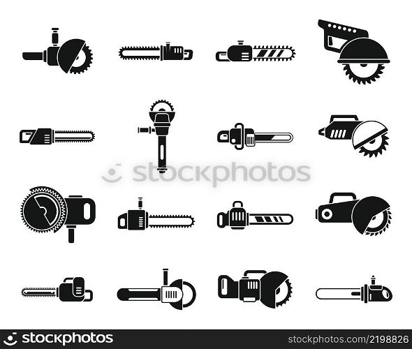 Electric saw icons set simple vector. Chainsaw equipment. Builder device. Electric saw icons set simple vector. Chainsaw equipment