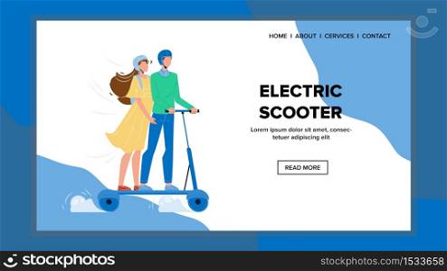 Electric Scooter Eco Safe Urban Transport Vector. Couple Young Man And Woman Wearing Protection Helmet Riding Electrical Scooter. Characters City Transportation Web Flat Cartoon Illustration. Electric Scooter Eco Safe Urban Transport Vector