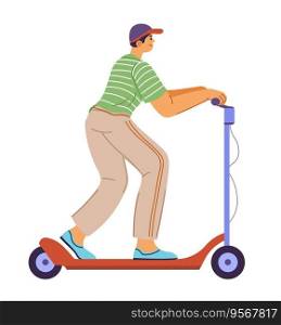 Electric scooter for city or town transportation, isolated man using ecologically friendly gadgets and vehicles for commuting and driving around. Male personage on weekends. Vector in flat style. Eco transportation for city or town, scooters