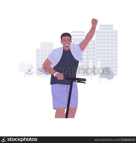 Electric scooter isolated cartoon vector illustrations. Happy man riding eco-friendly scooter on the street, people urban lifestyle, city transportation, personal transport vector cartoon.. Electric scooter isolated cartoon vector illustrations.