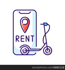 Electric scooter rental RGB color icon. Service in which electric motorized scooters are made available to use for short term rentals. Isolated vector illustration. Electric scooter rental RGB color icon