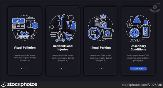 Electric scooters problems onboarding mobile app page screen. Illegal parking walkthrough 4 steps graphic instructions with concepts. UI, UX, GUI vector template with linear night mode illustrations. Electric scooters problems onboarding mobile app page screen