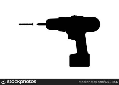 Electric screwdriver with screw black silhouettes. Vector illustration of electric tool.