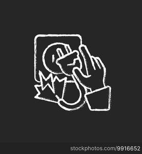 Electric shock chalk white icon on black background. Faulty wiring. Touching overloaded electrical outlets. Exposed wires, damaged cords. Electrical burns. Isolated vector chalkboard illustration. Electric shock chalk white icon on black background