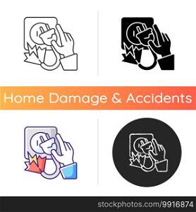 Electric shock icon. Faulty wiring. Touching overloaded electrical outlets. Exposed wires, damaged cords. Electrical burns. Linear black and RGB color styles. Isolated vector illustrations. Electric shock icon