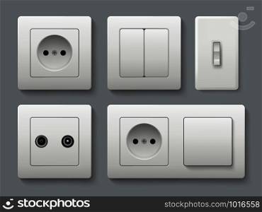 Electric socket switches. House shifting electrical switches vector realistic template. Illustration of switch energy, electricity socket, electrical outlet. Electric socket switches. House shifting electrical switches vector realistic template