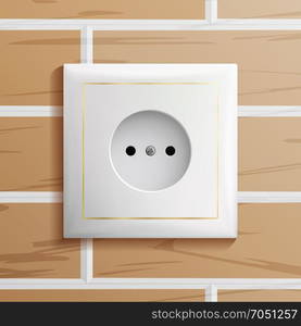 Electric Socket Vector. Modern European Plastic Electrical Outlet. Brick Wall. Realistic Illustration. Electric Socket Vector. Plastic Standard Panel. Brick Wall. Realistic Illustration