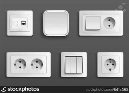 Electric sockets and switches on wall. Vector realistic set of 3d different types toggles and outlet for european and usa plugs, adapter connectors. White plastic house supplies. Electric sockets and switches on wall