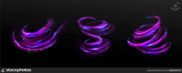 Electric swirl lines, neon light effect. Abstract magic energy waves. Purple glowing trails with lightnings, sparkles and blur isolated on transparent background, vector realistic set. Electric swirl lines, neon light effect