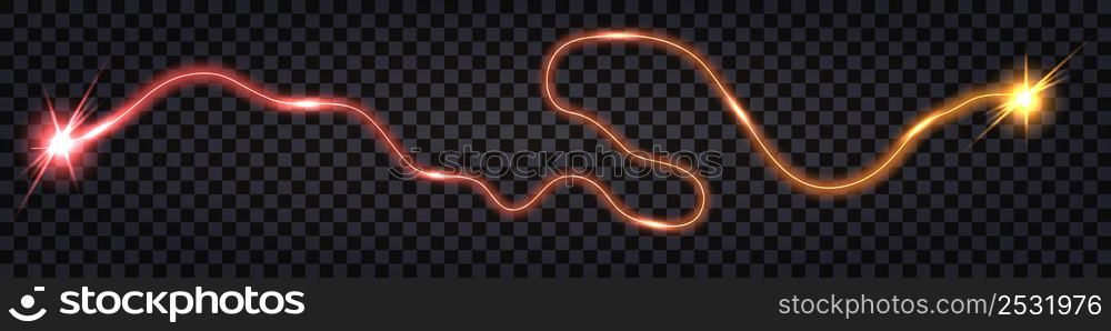 Electric swirl wire cable, red and yellow glowing impulse wave. Energy lightning thunder bolt with discharge light flash explosion effect. isolated on dark transparent background, vector illustration