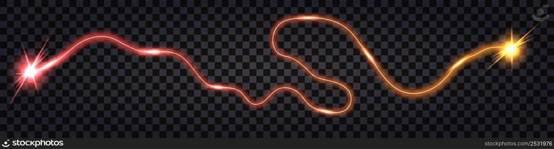 Electric swirl wire cable, red and yellow glowing impulse wave. Energy lightning thunder bolt with discharge light flash explosion effect. isolated on dark transparent background, vector illustration