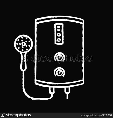 Electric tankless water heater chalk icon. Bathroom heating water. On demand home boiler with shower head. Isolated vector chalkboard illustration. Electric tankless water heater chalk icon