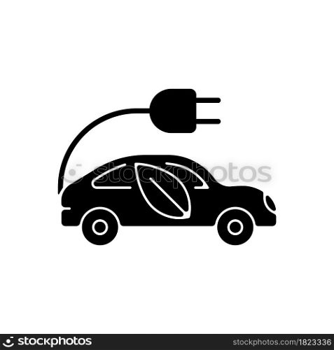 Electric taxi black glyph icon. Urban transport. Zero-emissions capability. Driving car on electric power. Environmentally-friendly taxi. Silhouette symbol on white space. Vector isolated illustration. Electric taxi black glyph icon