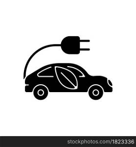 Electric taxi black glyph icon. Urban transport. Zero-emissions capability. Driving car on electric power. Environmentally-friendly taxi. Silhouette symbol on white space. Vector isolated illustration. Electric taxi black glyph icon