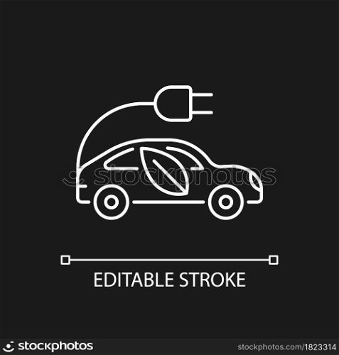Electric taxi white linear icon for dark theme. Urban transport. Zero-emissions capability. Thin line customizable illustration. Isolated vector contour symbol for night mode. Editable stroke. Electric taxi white linear icon for dark theme