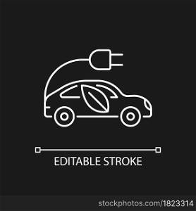 Electric taxi white linear icon for dark theme. Urban transport. Zero-emissions capability. Thin line customizable illustration. Isolated vector contour symbol for night mode. Editable stroke. Electric taxi white linear icon for dark theme