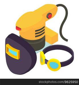 Electric tool icon isometric vector. Sheet sander, welder mask and safety glasses. Sanding and repair work. Electric tool icon isometric vector. Sheet sander welder mask and safety glasses