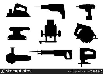 Electric tools black silhouettes. Electric tools set. Vector black silhouettes of saws, drill planer, grinders screwdriver.