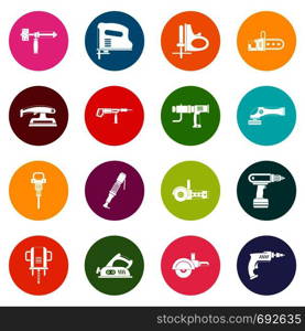 Electric tools icons many colors set isolated on white for digital marketing. Electric tools icons many colors set