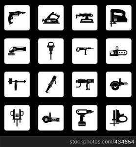 Electric tools icons set in white squares on black background simple style vector illustration. Electric tools icons set squares vector