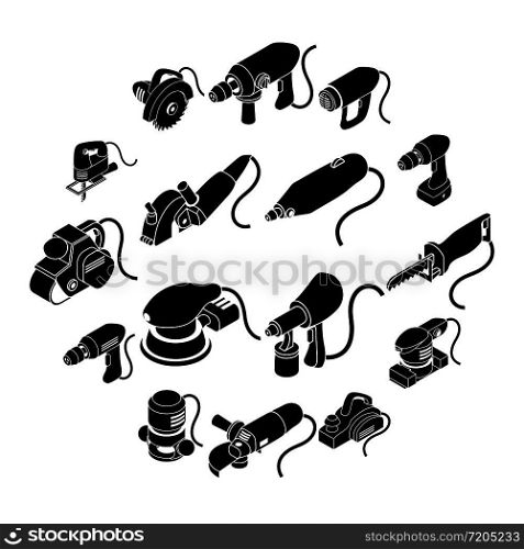 Electric tools icons set. Simple isometric illustration of 16 electric tools vector icons for web. Electric tools icons set, simple isometric style