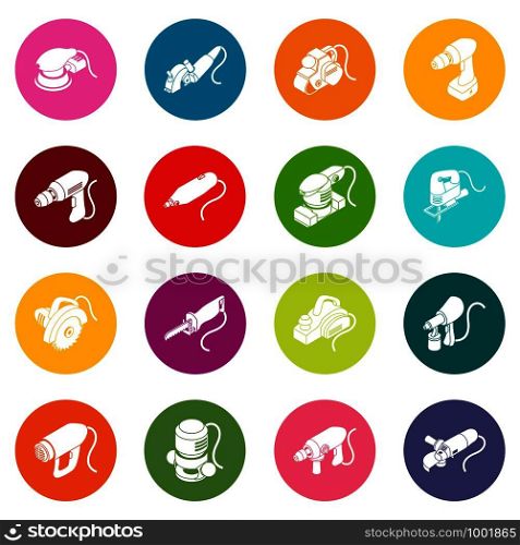Electric tools icons set vector colorful circles isolated on white background . Electric tools icons set colorful circles vector