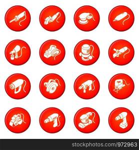 Electric tools icons set vector red circle isolated on white background . Electric tools icons set red vector