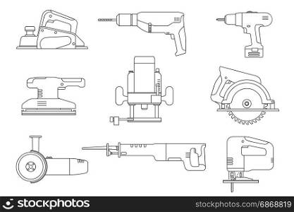 Electric tools line icons.. Electric tools line icons set. Vector thin illustrations of saws, drill, planer, grinders, screwdriver.