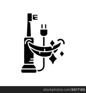 Electric toothbrush black glyph icon. Removing plaque buildup. Dental hygiene. Cleaning teeth and gums. Bristles vibration and rotation. Silhouette symbol on white space. Vector isolated illustration. Electric toothbrush black glyph icon